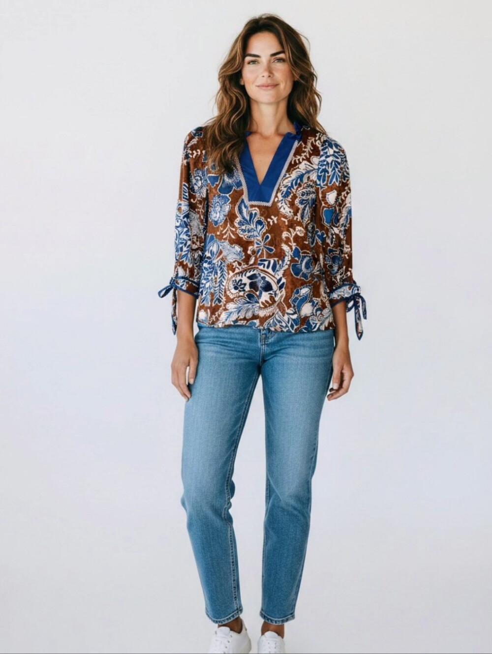 Entro Brown & Blue Floral V-Neck Women's Top NWT
